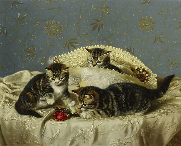 Kittens up to Mischief (oil on canvas)