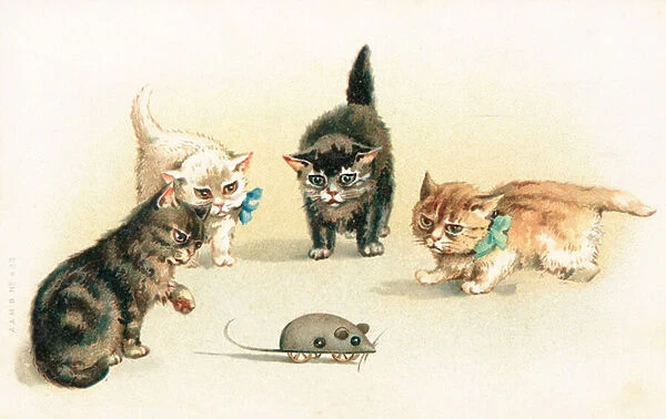 Four kittens playing with a clockwork mouse (colour litho)