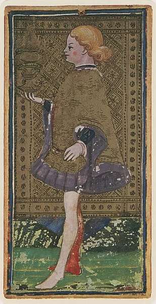 The Knave of Cups, facsimile of a tarot card from the Visconti deck