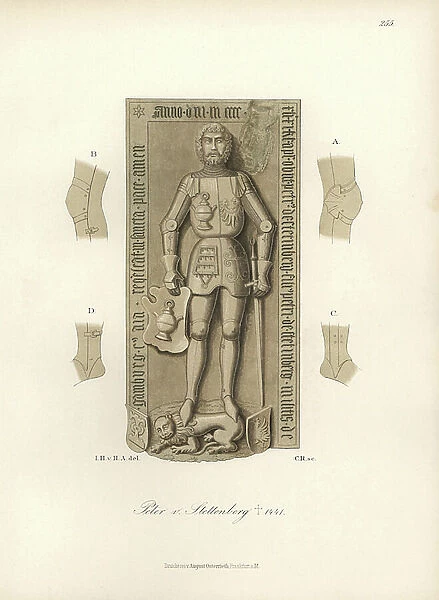 Knight in armor 15th century, with details of the bindings on the knees and elbows - Tombstone of Peter von Stettenberg, died 1441 - Chromolithography, drawing by Jakob Heinrich von Hefner-Alteneck (1811-1903), for his book 'Costumes