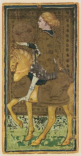The Knight of Coins, facsimile of a tarot card from the Visconti deck