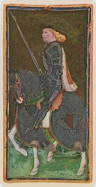 The Knight of Swords, facsimile of a tarot card from the Visconti deck