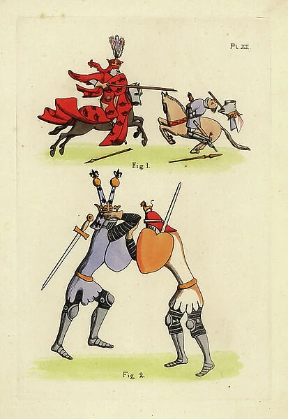 Knights in combat, 14th century, from Illustrations of Mediaeval Costume in England, 1853 (hand-coloured engraving)