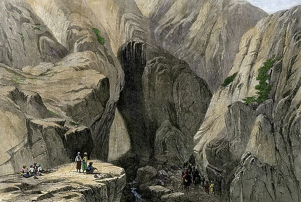 The Kojak Tunnel, in the mountains of Pakistan, on the Kandahar Road, Afghanistan, allows caravans to cross the Sulaiman Mountains, Pakistan, around 1800. Color lithography