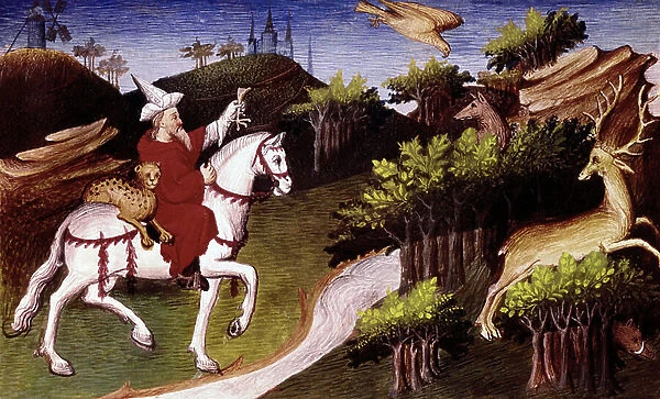 Koubilai Khan hunting with falcon and leopard, 15th century (illumination)