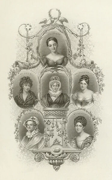 L E Landon, Mrs Opie, Hannah More, Lady Blessington, M R Mitford, Mrs Norton (engraving)