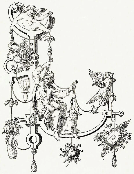 L - Saint Luke accompanies with his symbol, the bull - Alphabet by T. de Bry (new artistic alphabet), 1880 (engraving)