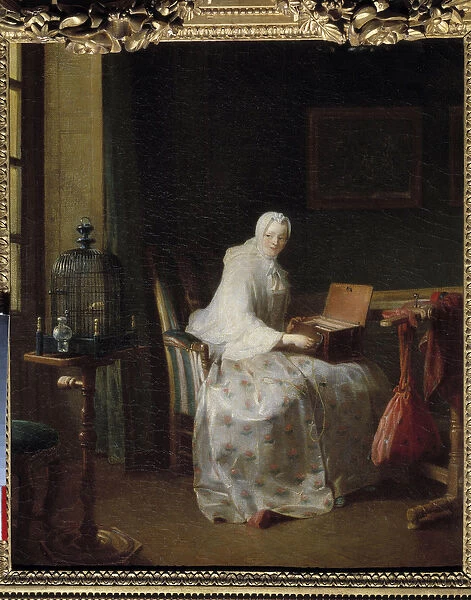 La serinette ou dame variant ses amusements Painting by Jean Baptiste Simeon Chardin