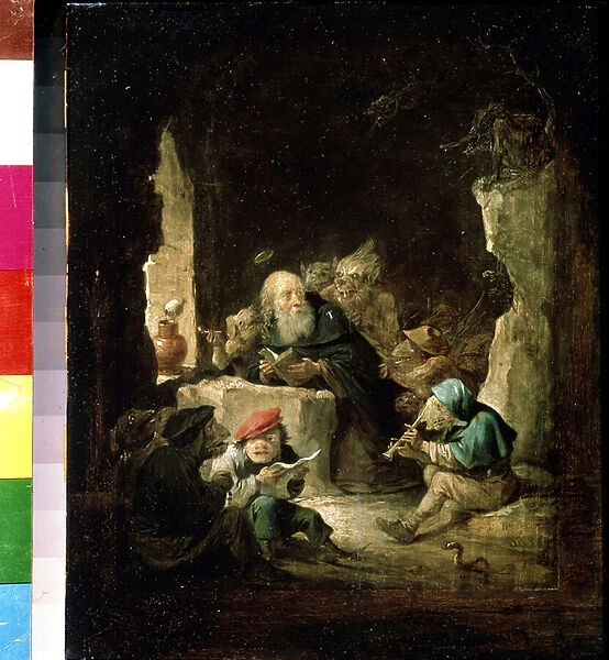 La tentation de Saint Antoine (The temptation of saint Anthony). Peinture de David Teniers le jeune (1610-1690). Huile sur bois, 24, 6 x 20, 3 cm, vers 1640. art flamand, art baroque. Musee des Beaux Arts Pouchkine, Moscou