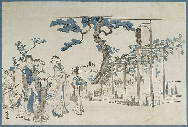 Ladies Visiting the Wisteria Gardens at Kameido (woodblock print)