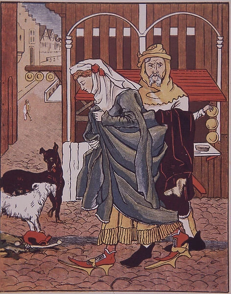 Lady crosses muddy street in medieval market town (colour litho)
