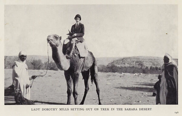 Lady Dorothy Mills setting out on trek in the Sahara Desert (b  /  w photo)