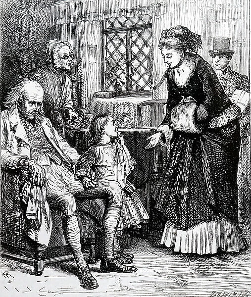 A lady visiting poor cottagers with New Year gifts carried by a footman. 1869 (engraving)