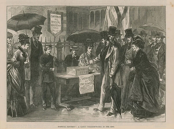 A ladys collection box in the City (engraving)