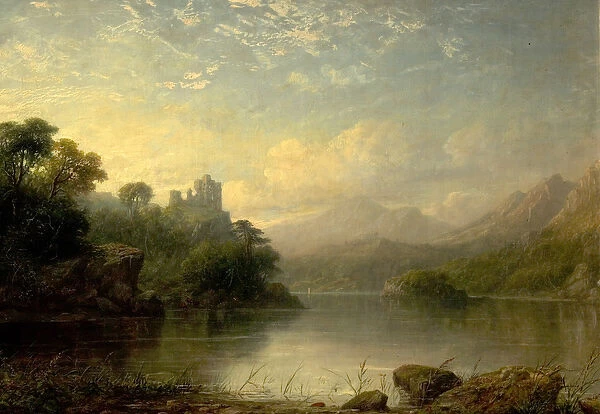 Lake Scene with Ruined Castle and Mountains, 19th century (oil on canvas)