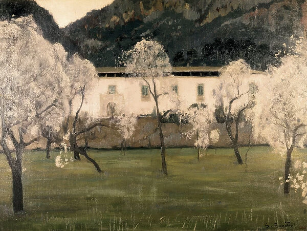 Landscape with flowers in trees. Painting by Santiago Rusinol y (i) Prats (1861-1931)