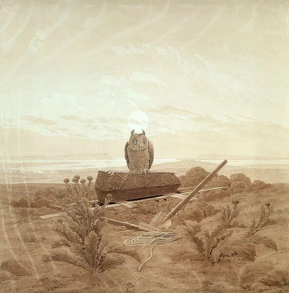 Landscape with Grave, Coffin and Owl (sepia ink and pencil on paper)