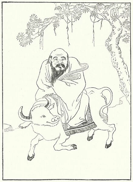 Laozi, ancient Chinese Philosopher, on a water buffalo (engraving)