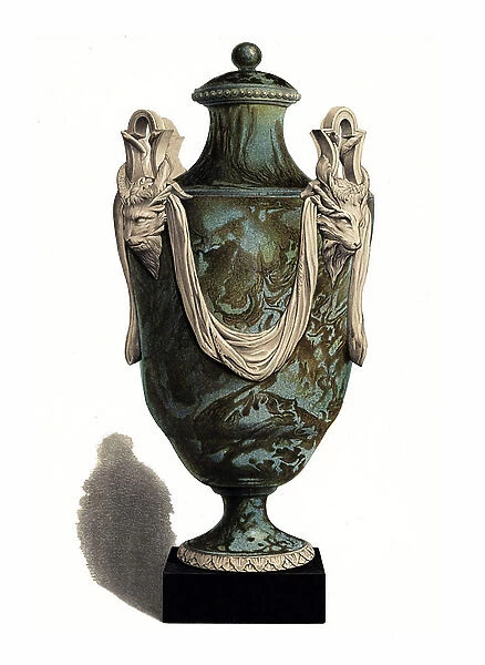 Large vase in crystalline agate decorated with animal heads. Chromolithograph by W. Griggs from Frederick Rathone's Old Wedgwood, the Decorative or Artistic Ceramic Work Produced by Josiah Wedgwood, Quaritch, London, 1898