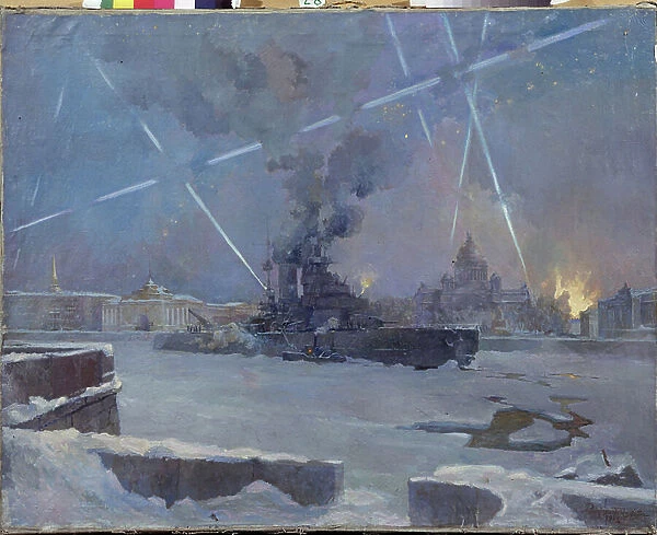 L'artillerie lourde sur la Neva a Leningrad (Saint Petersbourg, Russie) en 1942. (Un cuirasse sur le fleuve gele defend la ville en feu contre des attaques aeriennes, durant le siege de Leningrad)