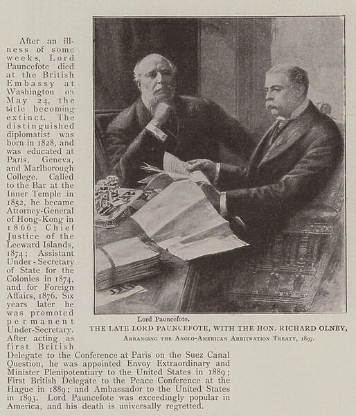 The late Lord Pauncefote, with the Honourable Richard Olnley, arranging the Anglo-American Arbitration Treaty, 1897 (litho)