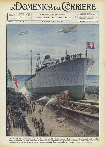 The launch of a cruiser (colour litho)
