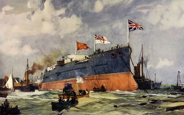 The Launch of the 'London'at Portsmouth (colour litho)