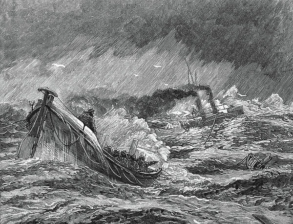 The launching of a lifeboat into the water, 1850