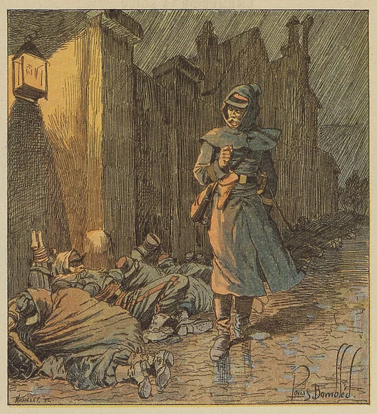 Le colonel de Bourgoing parcourt les rues de Cerdon ou dorment ses soldats sous la pluie (colour litho)
