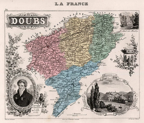 Le Doubs (25), Franche Comte (Franche-Comte) - France and its Colonies. Atlas illustrates one hundred and five maps from the maps of the depot of war, bridges and footwear and the Navy by M. VUILLEMIN. 1876