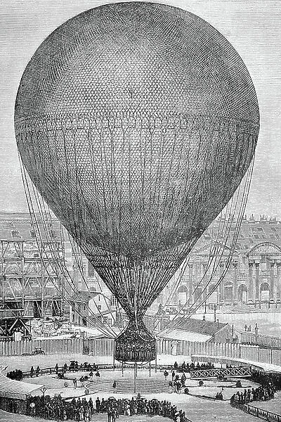 Le Grand Ballon Captil, 1878, a captive balloon built by Giffard, flew during the Paris International Exposition in 1878, France, historic wood engraving, about 1888