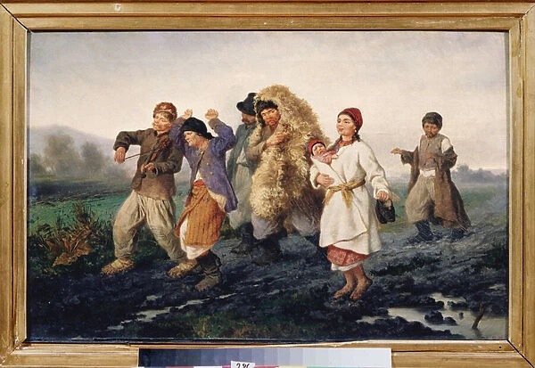 Le retour de la foire (Une famille de paysans pauvres et enivres marchent sur une route boueuse, en chantant et en dansant) - The Return From The Fair - Peinture de Konstantin Alexandrovich Trutovsky (Troutovsky) (1826-1893), huile sur toile
