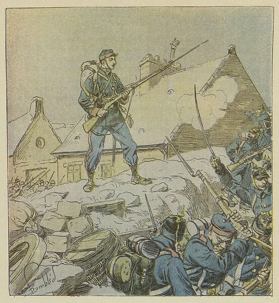 Le sergent Pitou, en montant intrepidement sur la barricade de Courceboeufs, decide de la prise du village (colour litho)