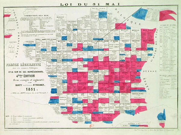 Legislative Map of France following the Universal Suffrage law voted on the 31st May 1850, printed by Burty, Paris (1851)