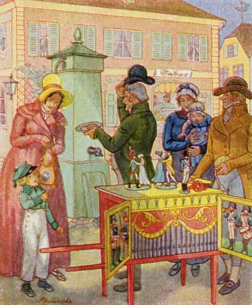 Leierkasten Mit Tanzpuppen  /  Barrel Organ with Dancing Puppets (colour litho)