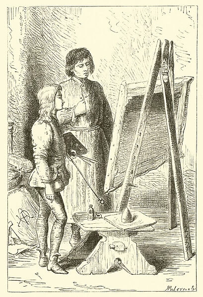 Leonardo Da Vinci, as a boy, in the studio of Vervechio (engraving)