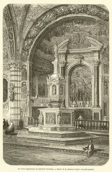 Les fonts baptismaux, au baptistere de Sienne (engraving)