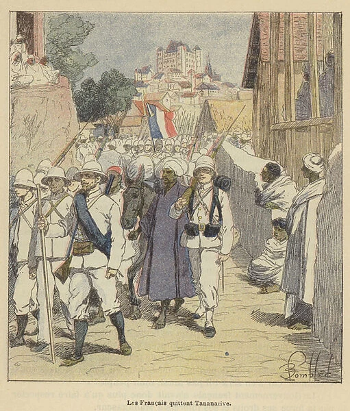 Les Francais quittent Tananarive (colour litho)