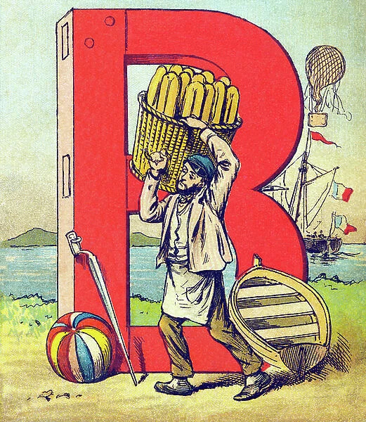 Letter B: baker, boat, baionette, balloon, boat, air balloon. Unbreakable abecedary on canvas c.1900 (print)