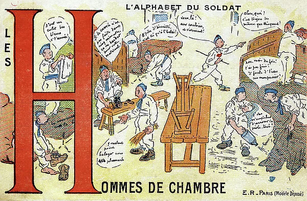 Letter H: The Chambermen. Engraving of 'The soldier's alphabet'. E.R. Stop! , publisher, Paris, circa 1916. Series of 25 postcards used by soldiers during the war 1914-1918 and around 1930. Dim: 9,5x14cm. Private collection