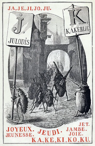 Letter J as joyful, youth, Thursday, jet, leg and joy. And letter k. Insect alphabet. Library of education and recreation. Drawings by Leon Becker (1826-1909). End wood engraving by Fortune-Louis (Fortune Louis) Meaulle (1844-?), 1883