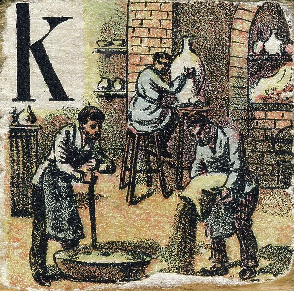 Letter K: workshop of a kaolinier. Alphabetical cubes. Box of 30 cubes dating from 1898. Cover illustrated by H. Roy. Unknown publisher. A face of 24 cubes is dedicated to the metiers. Private collection