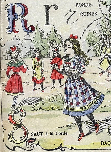 Letter R (Round, Ruins) ands (Jumping a rope). Doll's alphabet. Imaging of Pont-a-Mousson by Louis Vagne, c.1900 (lithograph)