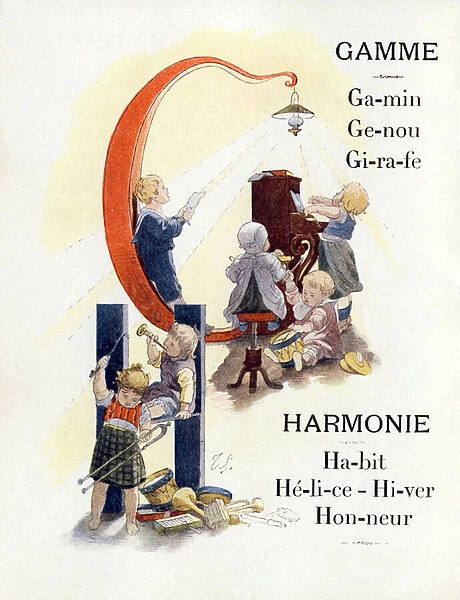 Letters G and H representing children playing music, late 19th century (chromolithograph)
