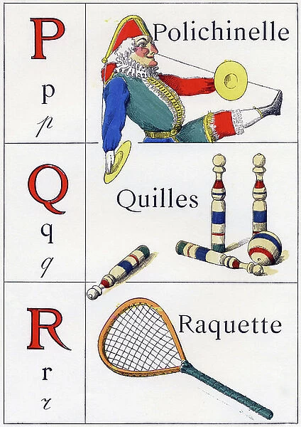 Letters P, Q and R: 'Puppet;Skittles;Racket', in ABC des joujoux ou Alphabet des tout petits, 1897 (engraving)