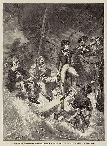Lieutenant Nelson volunteering to Board a Prize in a Violent Gale, 20 November 1777 (engraving)