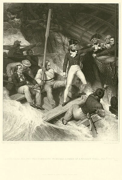 Lieutenant Nelson volunteering to board a prize in a violent gale (engraving)