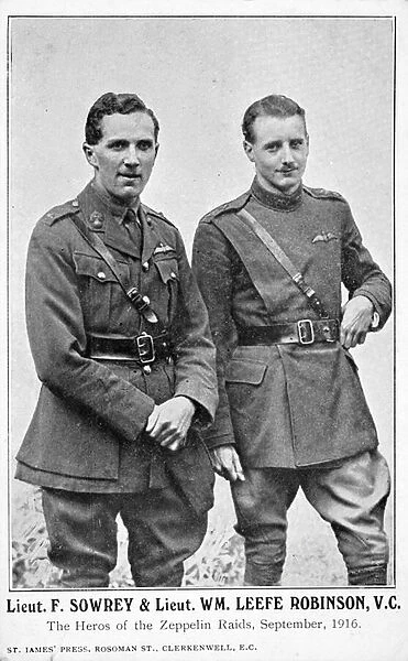 Lieutenants Frederick Sowrey and William Leefe Robinson, British fighter pilots of the First World War, who each shot down a German Zeppelin airship during raids on southern England in September 1916 (b  /  w photo)