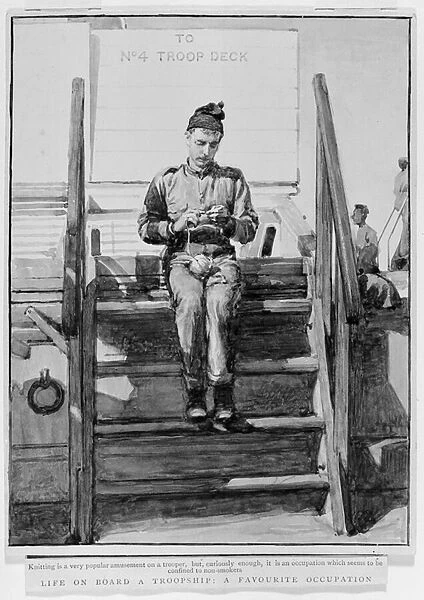 Life on board a Troopship: a favourite occupation, 1899 (w / c en grisaille)