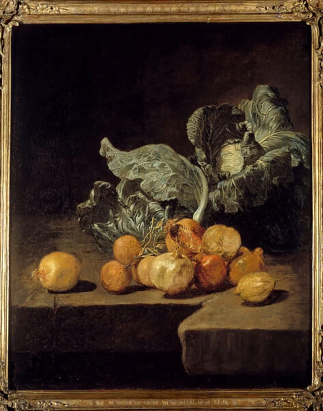 Still life, cabbage and onions Painting by Jacques Charles Oudry (1720-1778)